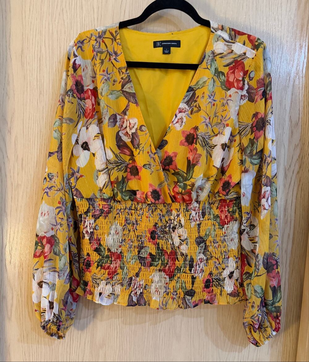 INC International Concepts Floral Smocked Waist Metallic Blouse Yellow L